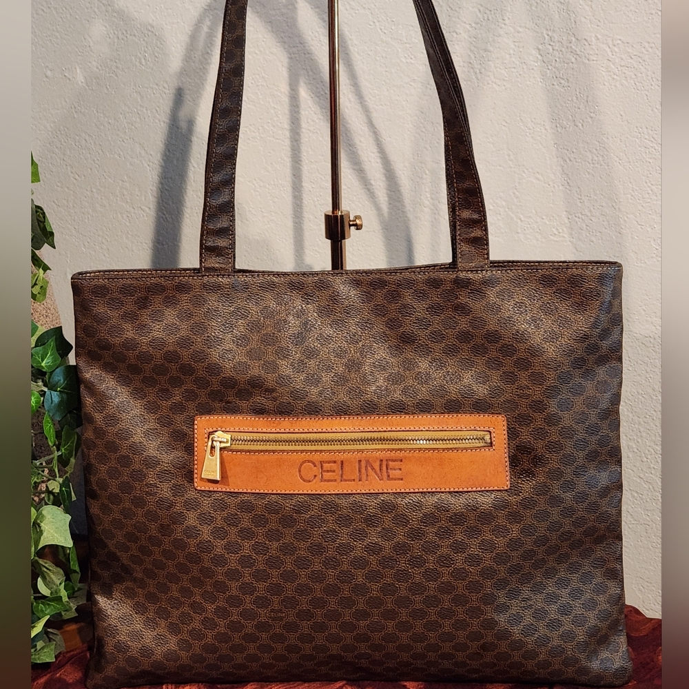 Celine Vintage Macadam Tote with Leather Trim